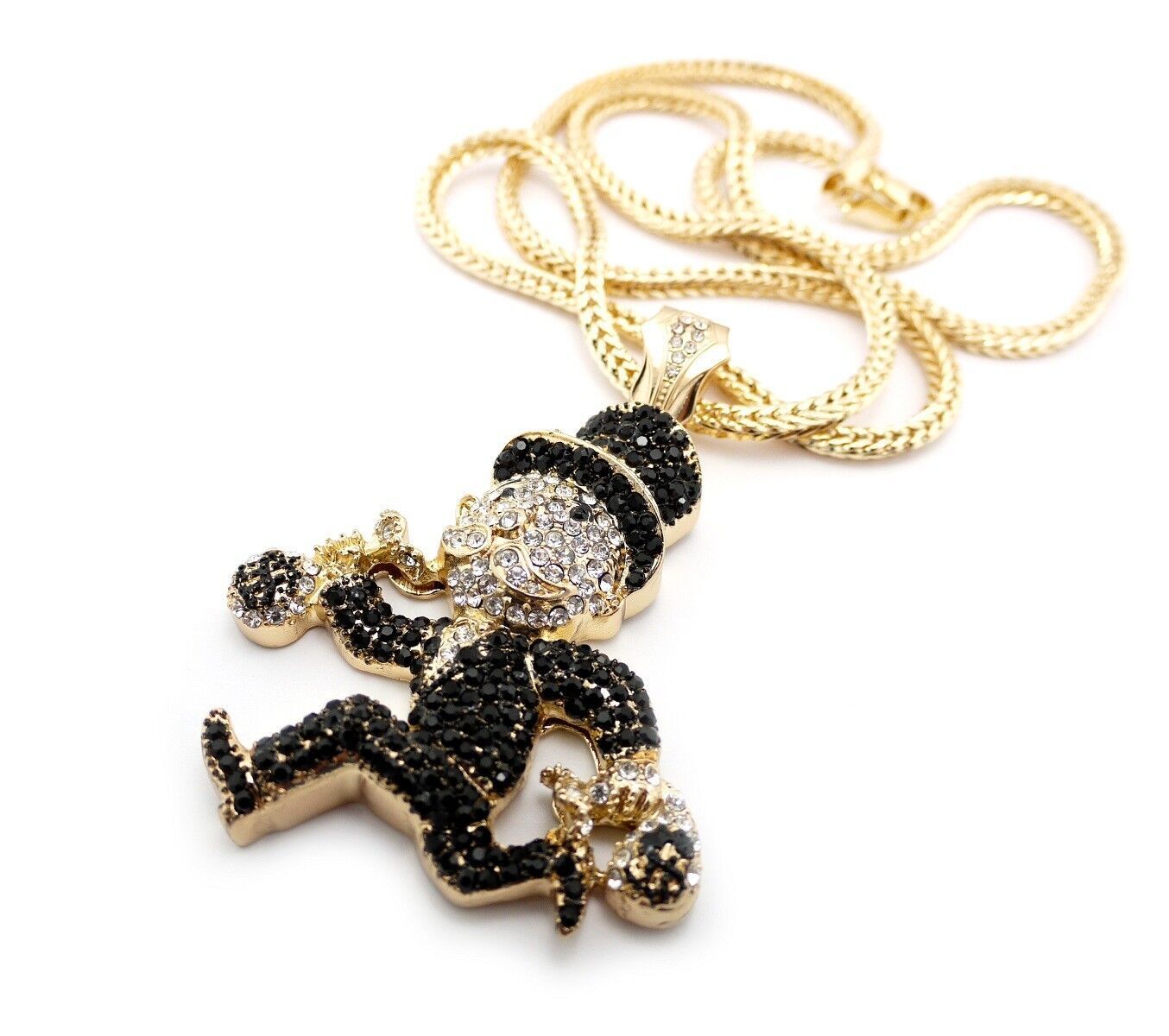 Hip Hop Gold Plated Simulated Diamond MONOPOLY Pendant & Franco Chain Necklace