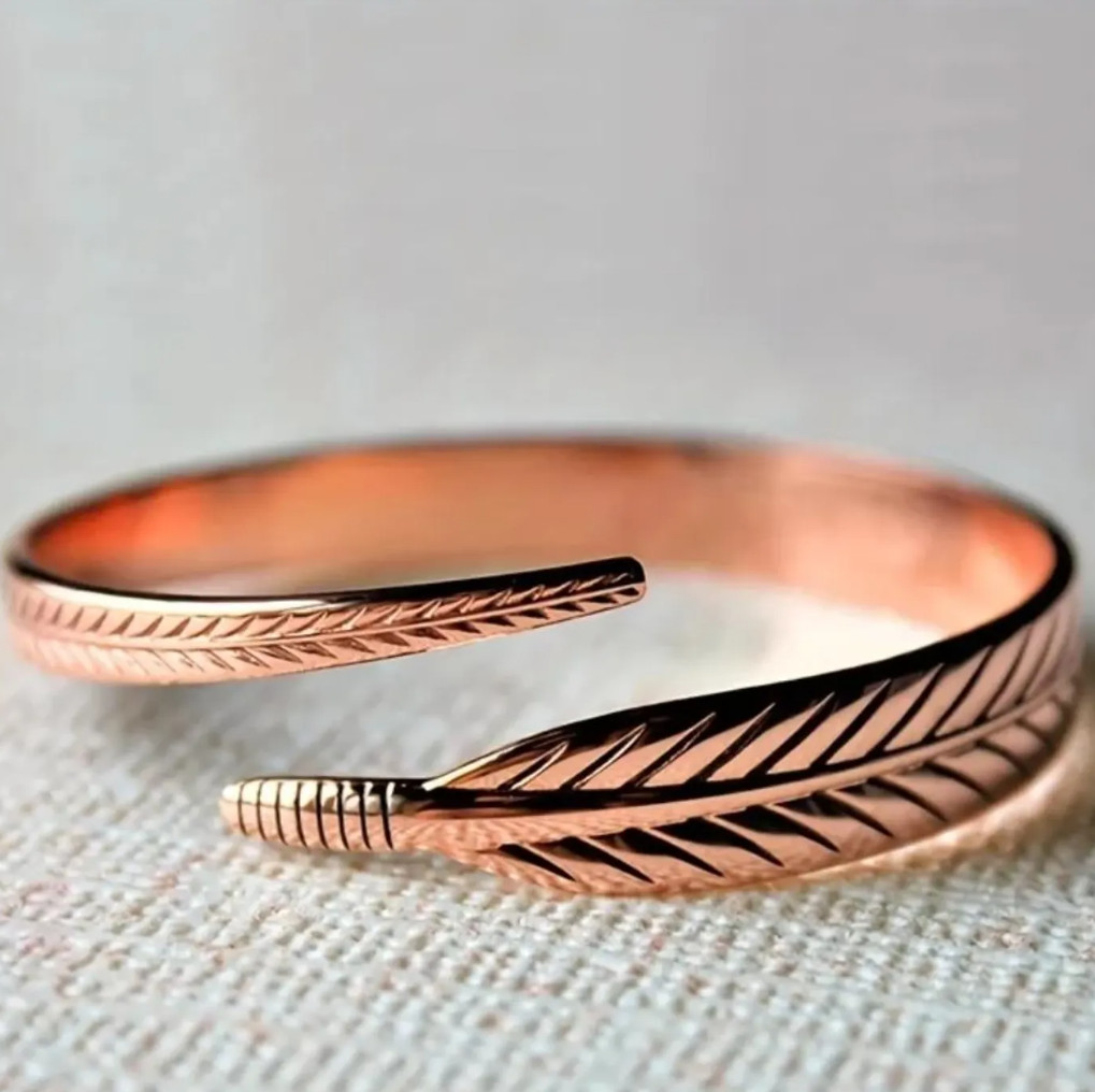 Pure Copper Feather Cuff Bracelet Adjustable Boho Open Bangle Nature Inspired