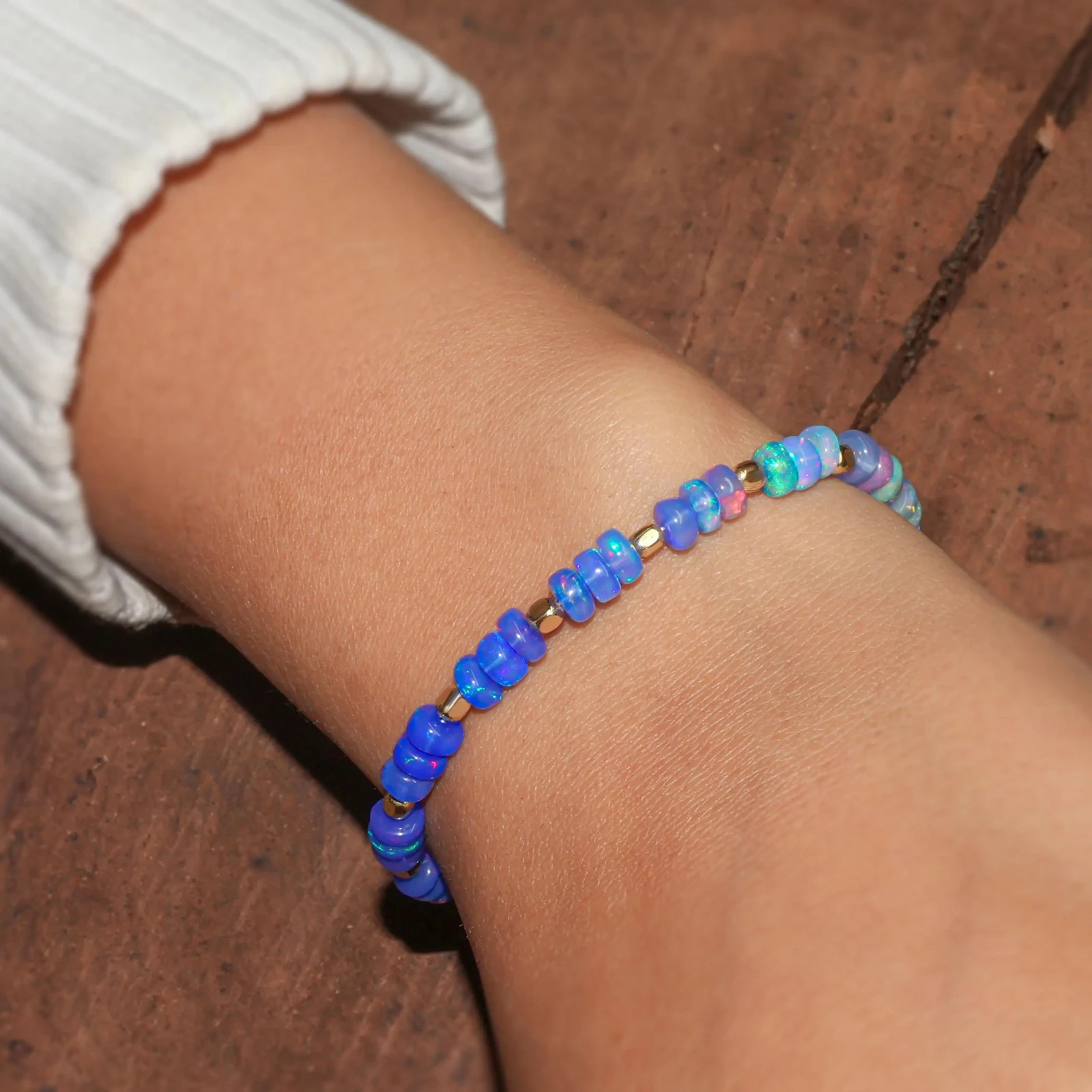Blue Opal Smooth Beads Dainty Bracelet, AAA Ethiopian Opal Gemstone Jewelry
