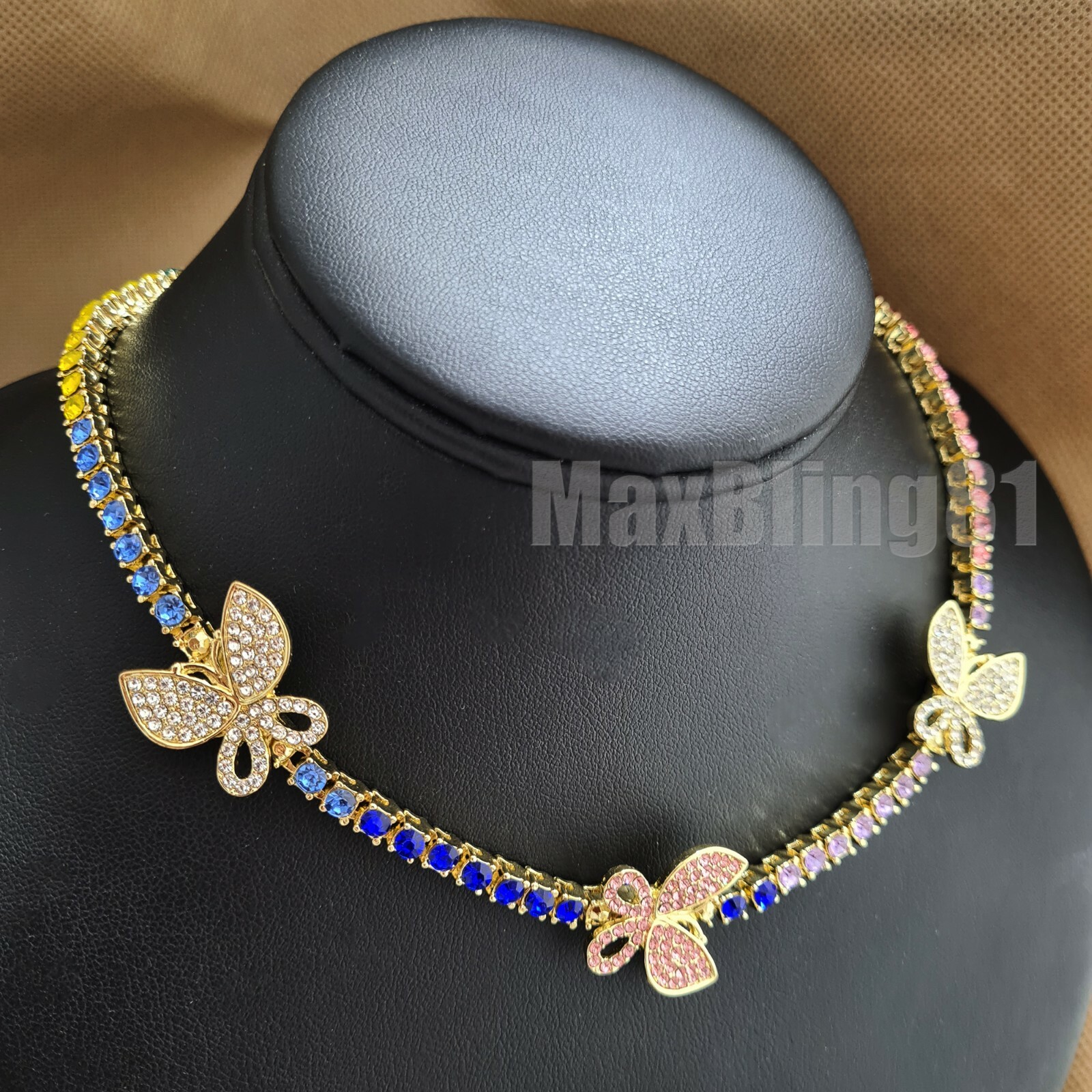 Hip Hop Multi Color 18″ Butterfly Tennis Choker & Iced Cuban Chain Necklace Set