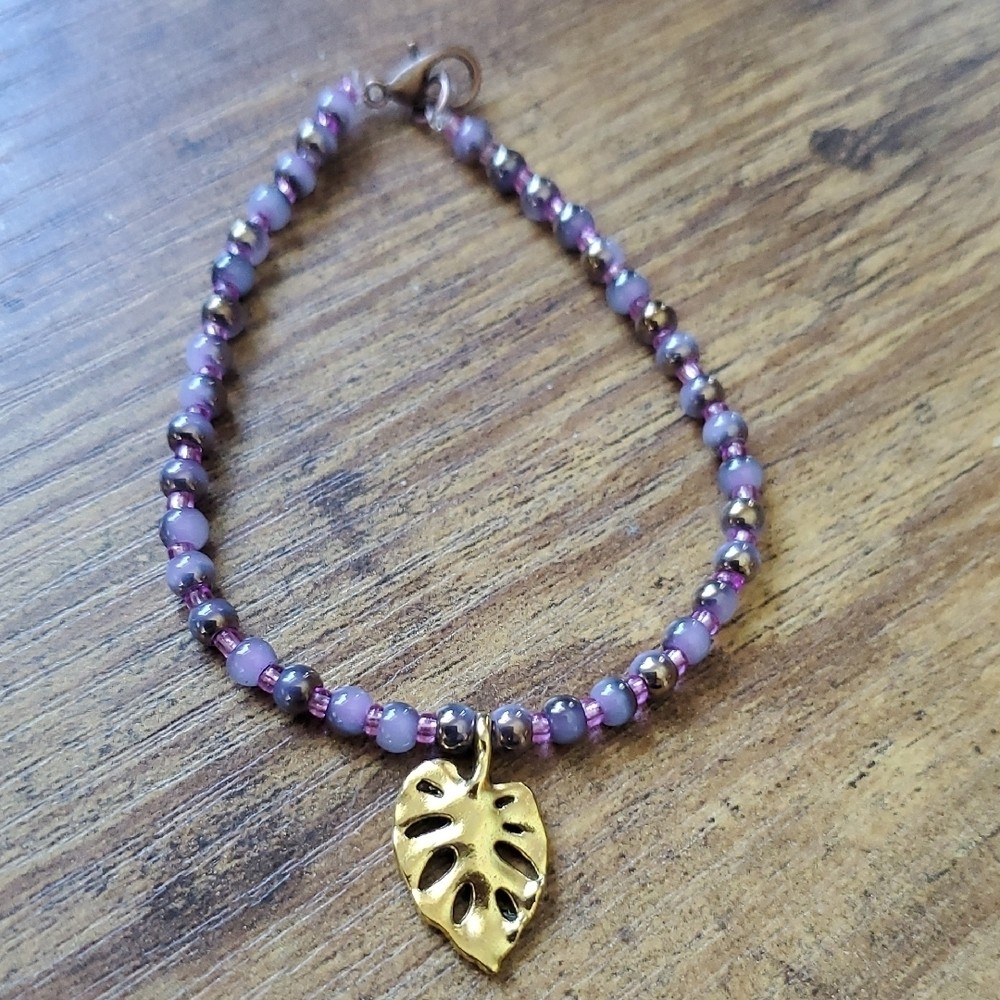 Purple Beaded Bracelet with Gold Leaf Charm