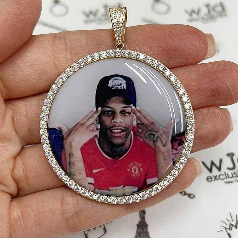 14K Yellow Gold Simulated Diamond Round Memory Picture Charm Pendant 1.2″-2″