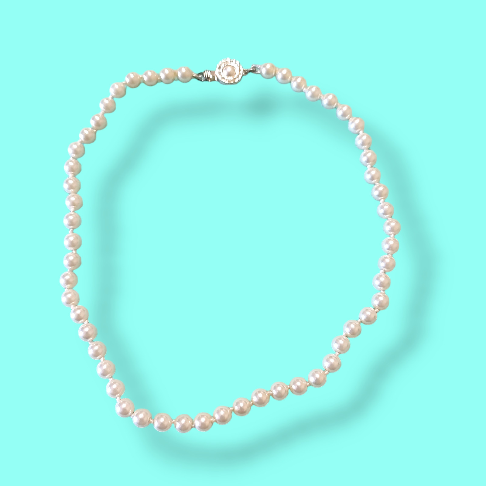 Rhinestone Box Clasp And Glass White Pearl Hand Knotted Necklace Choker 15in