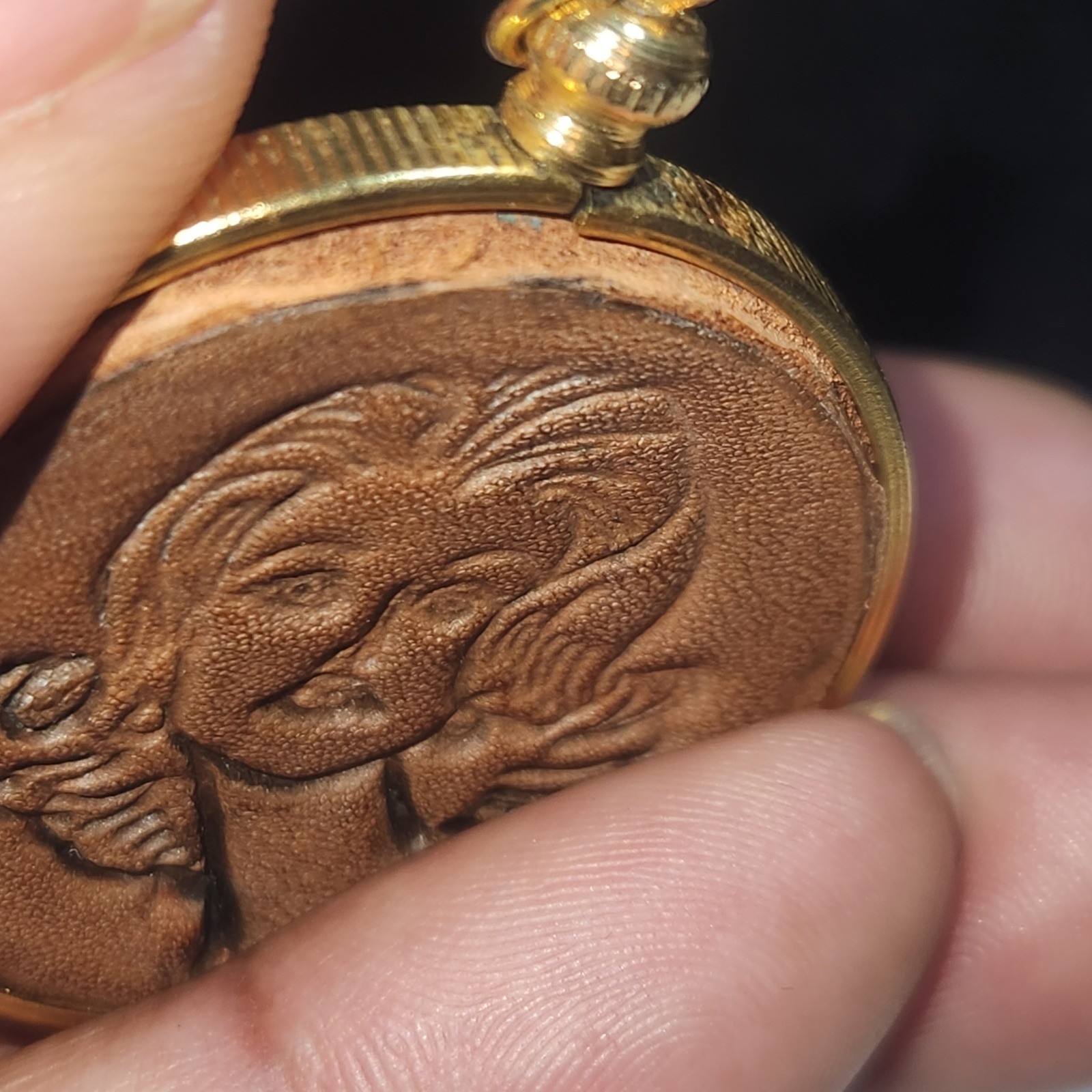 Vintage Embossed Leather Portrait Pendant Gold Tone Round Medallion