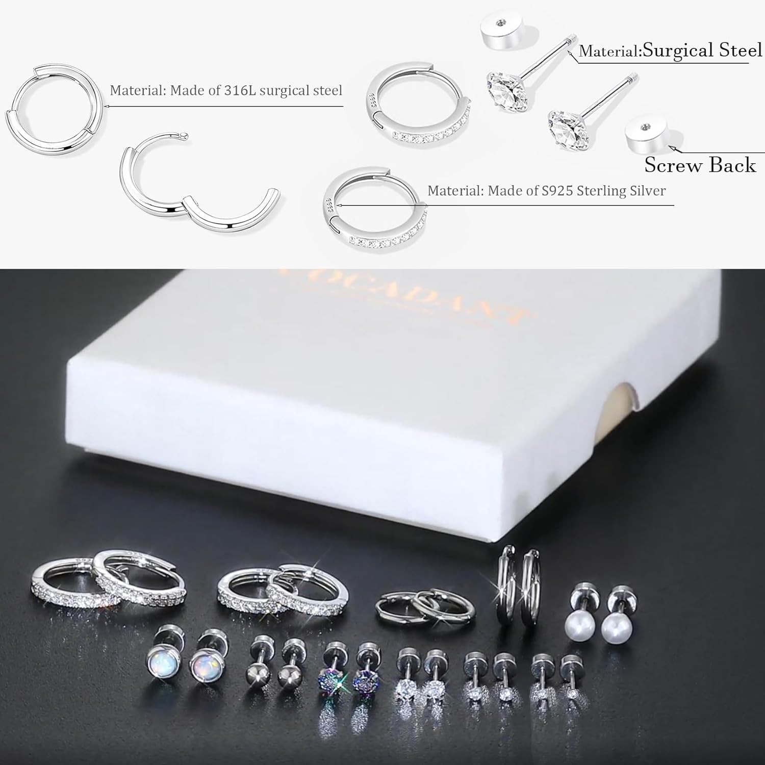 Surgical Steel Flat Back Earrings Set for Multiple Piercing Sensitive Ears,Sterl