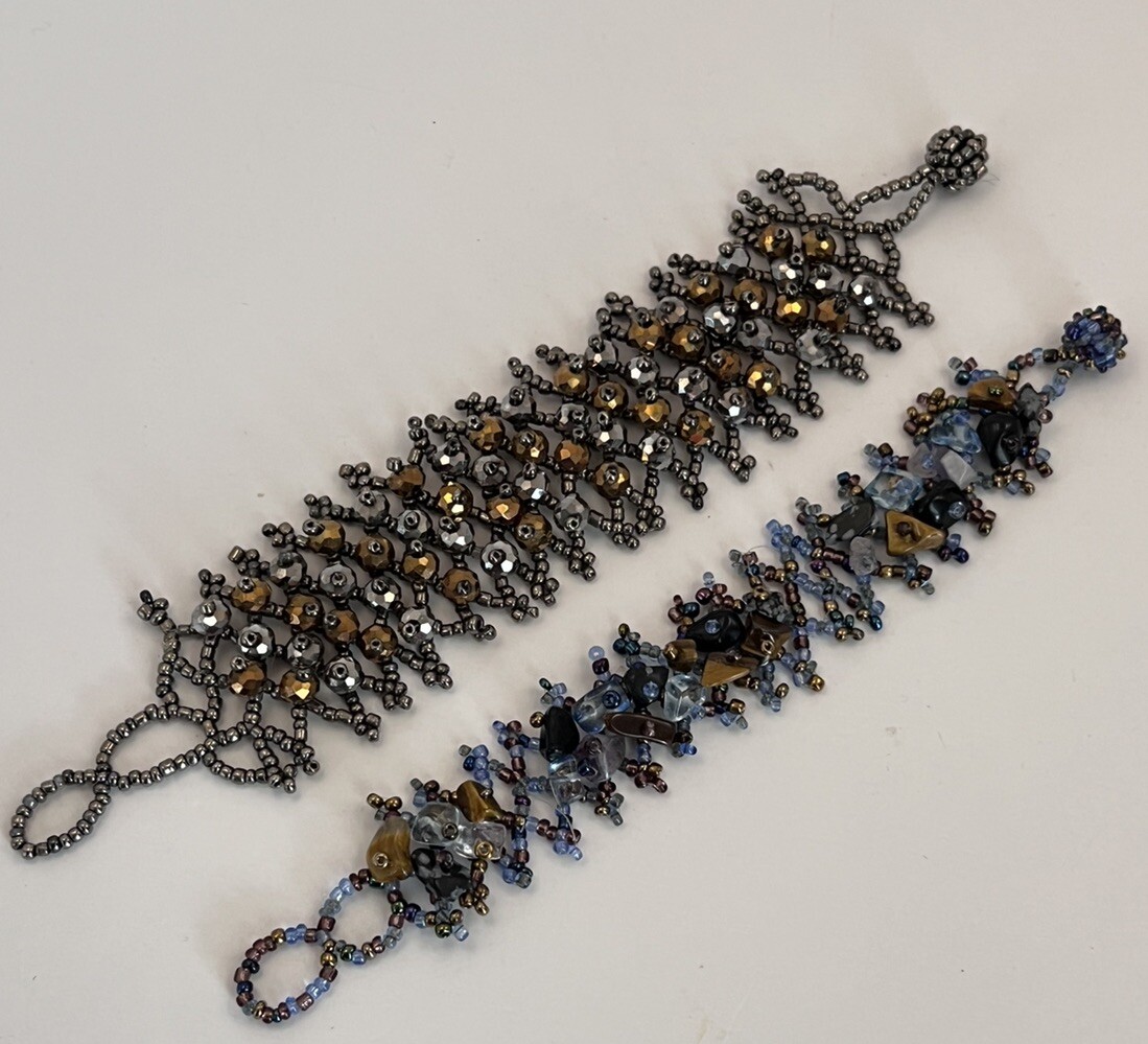 Lot of 2 Artisan Made Beaded Bracelets Black Blue Brown Silver Colors