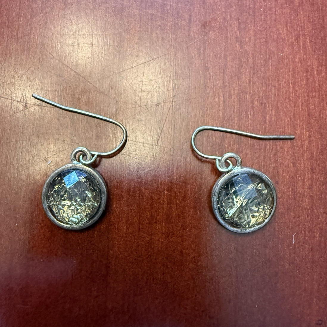 Silver Tone Metal Round Clear Glass Bezel Set Dangle Drop Hook Earrings Pair