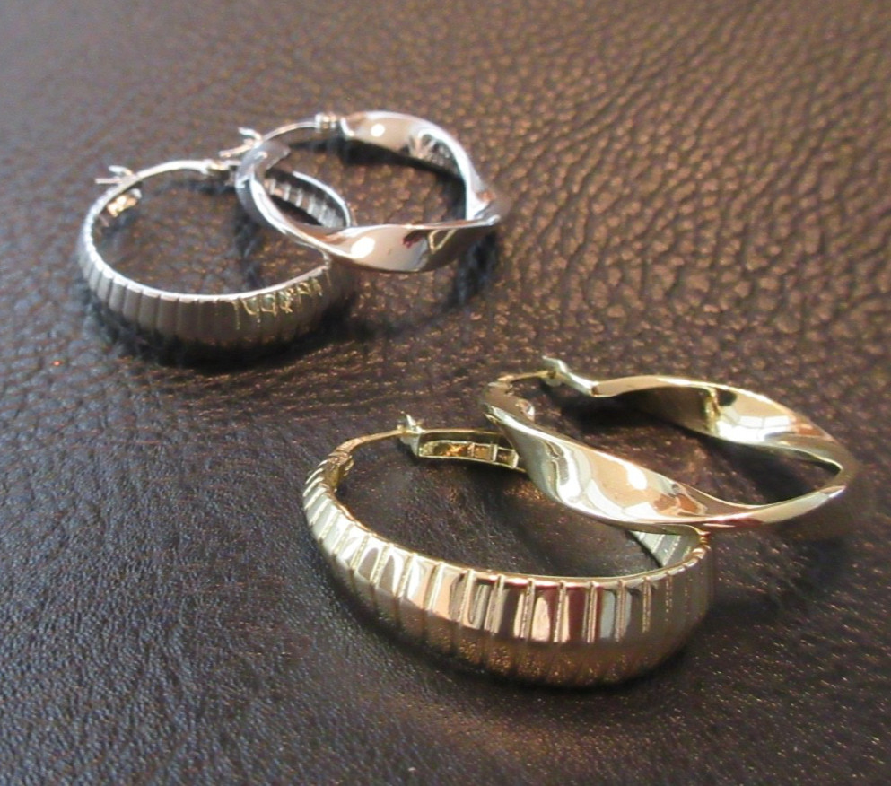 2 pr Bellezza DBJ 925 CN 1-1/4” Twist & Ridge Hoop Earrings Sterling & Yellow