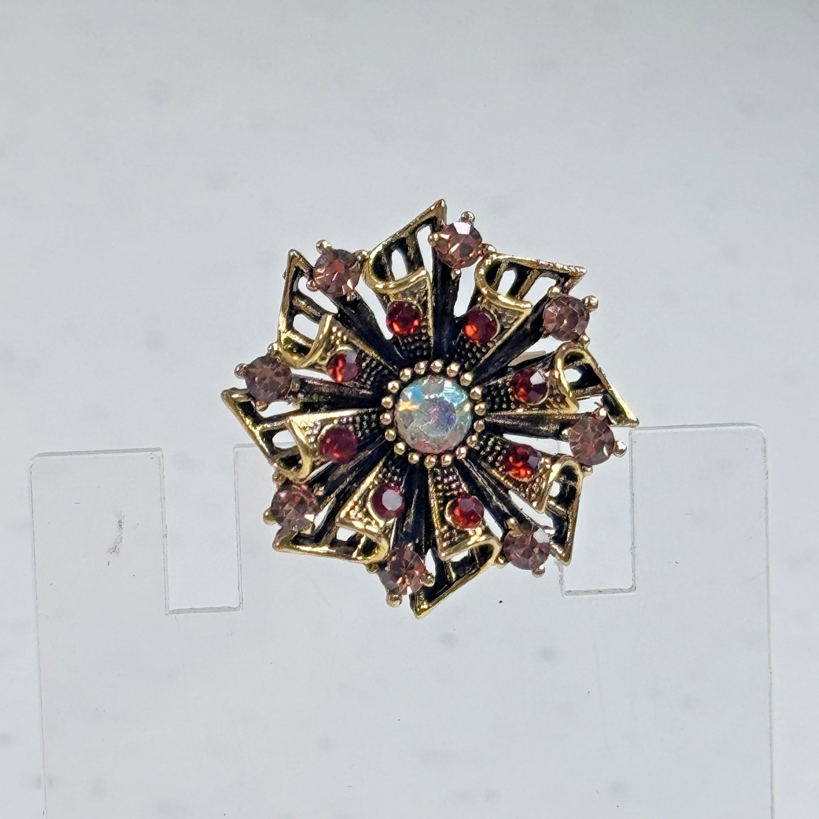 Brooch Red Rhinestone Aurora Borealis Floral Gold Tone Layered Flower 1576-6