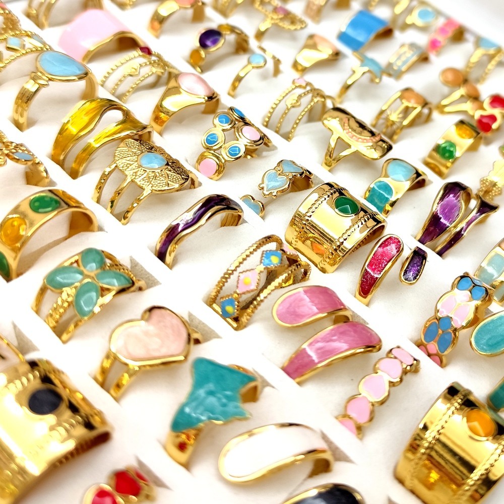 20Pcs Luxury Gold 316L Stainless Steel Color Enamel Wedding Party Ring Open-end