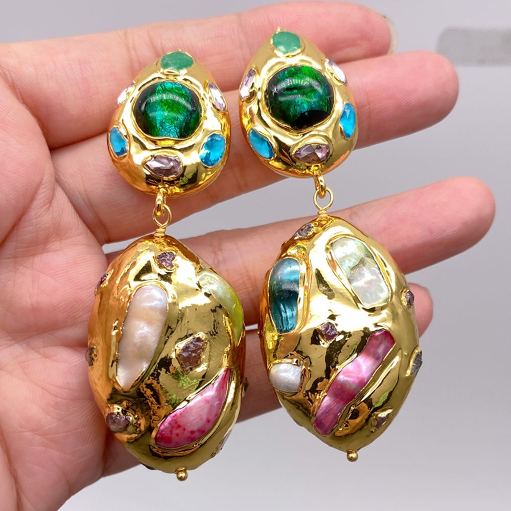 Multi Color Shell Pearl Blue Murano Glass Crystal Dangle Earrings