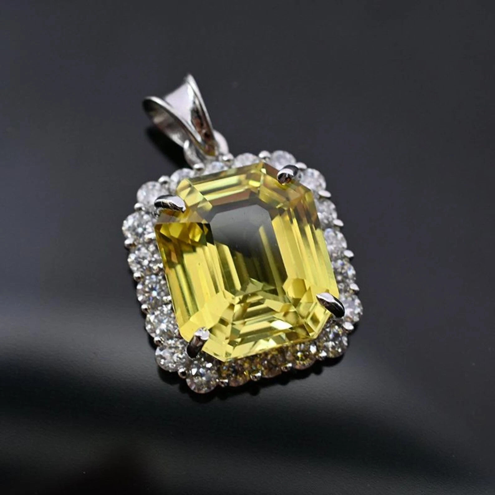 EGL Certified Emerald Cut Yellow Sapphire Pendant with Zircon Halo & Chain