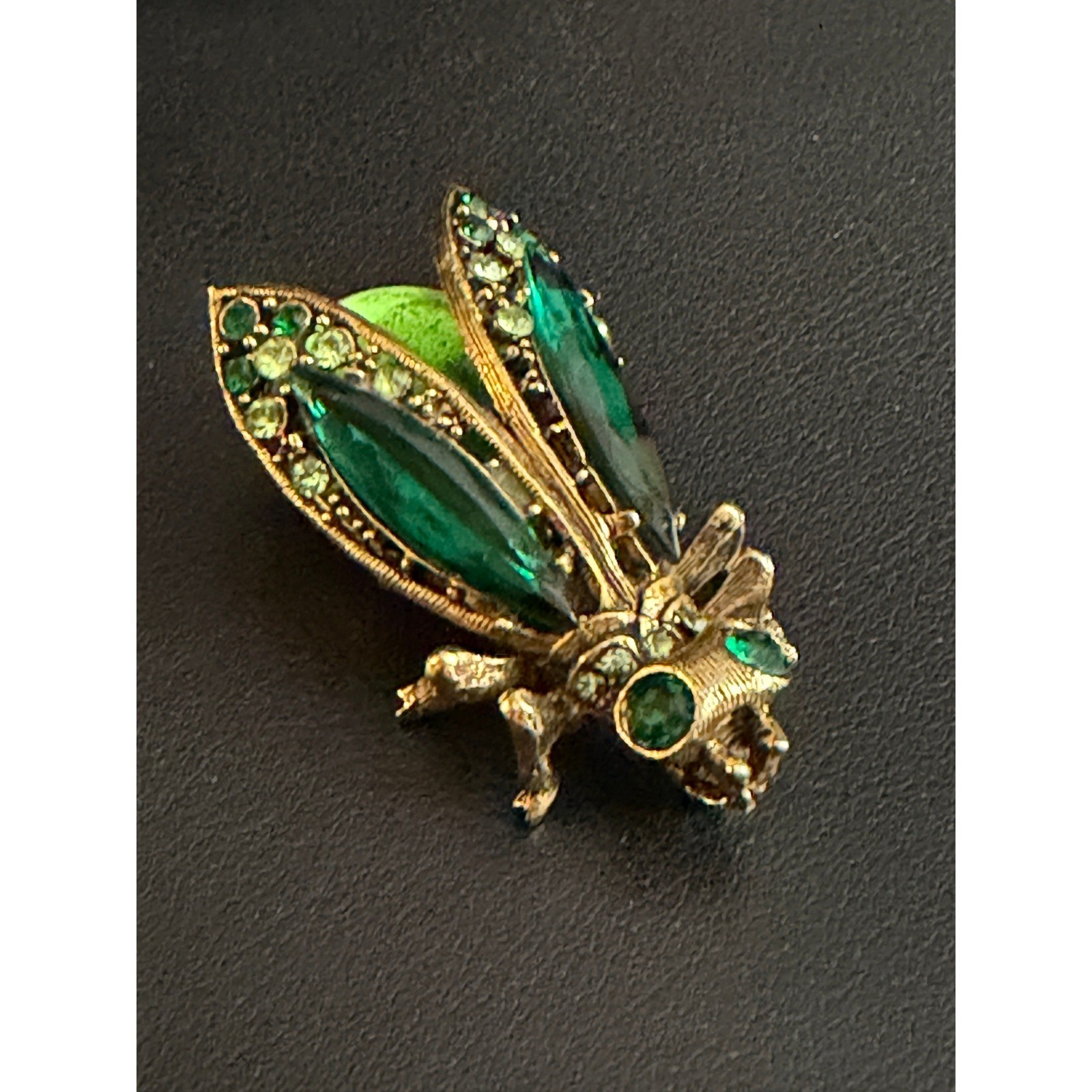 Vintage ART Insect Brooch Arthur Pepper Green Jelly Belly Rhinestone Gold Tone