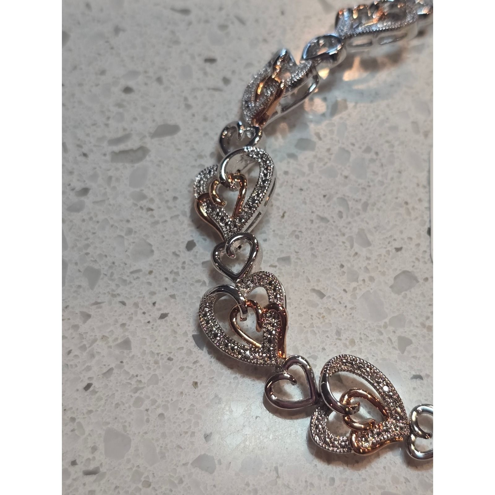 Natural Diamond Heart Link Bracelet Rhodium Sterling Silver Two Tone Rose Gold