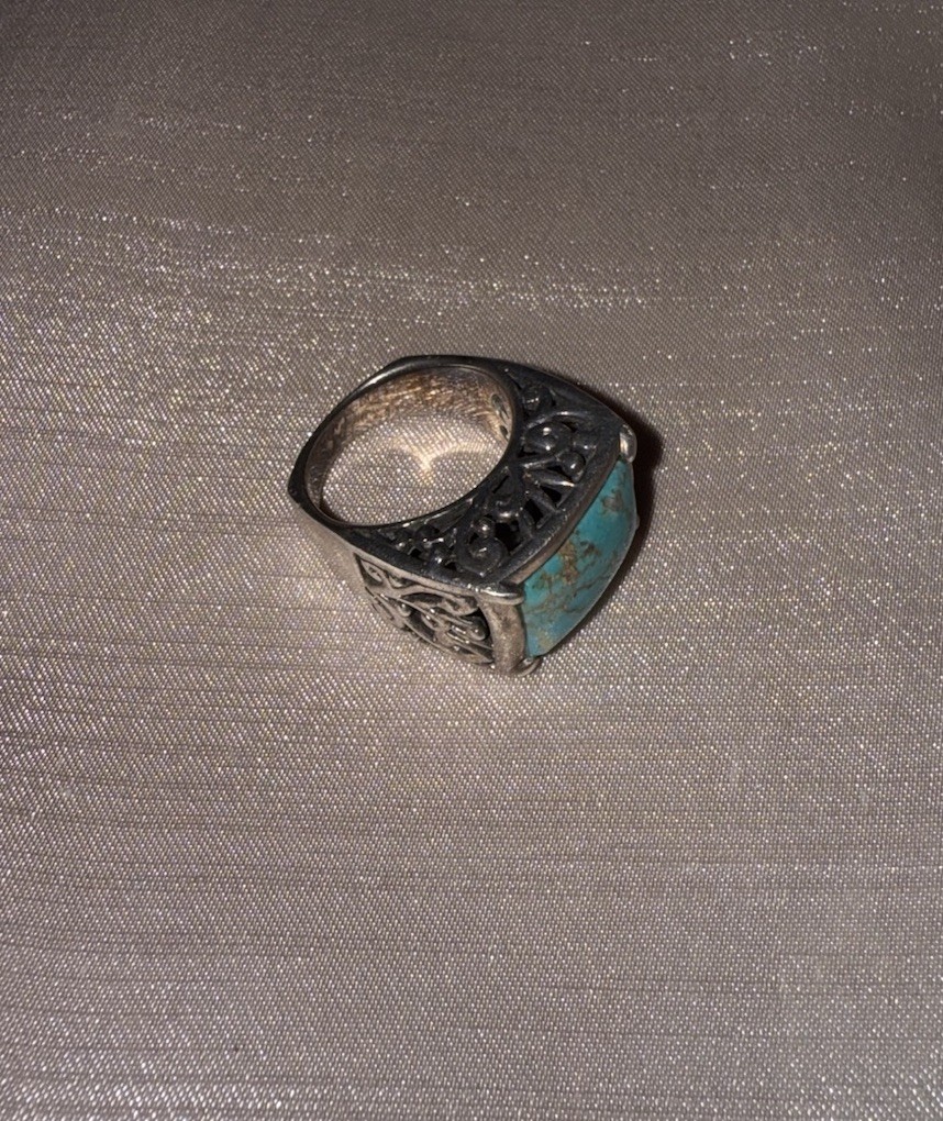 Silver Signet Ring Size 8.5 Rectangular Blue Turquoise Bezel Set Pre-Owned