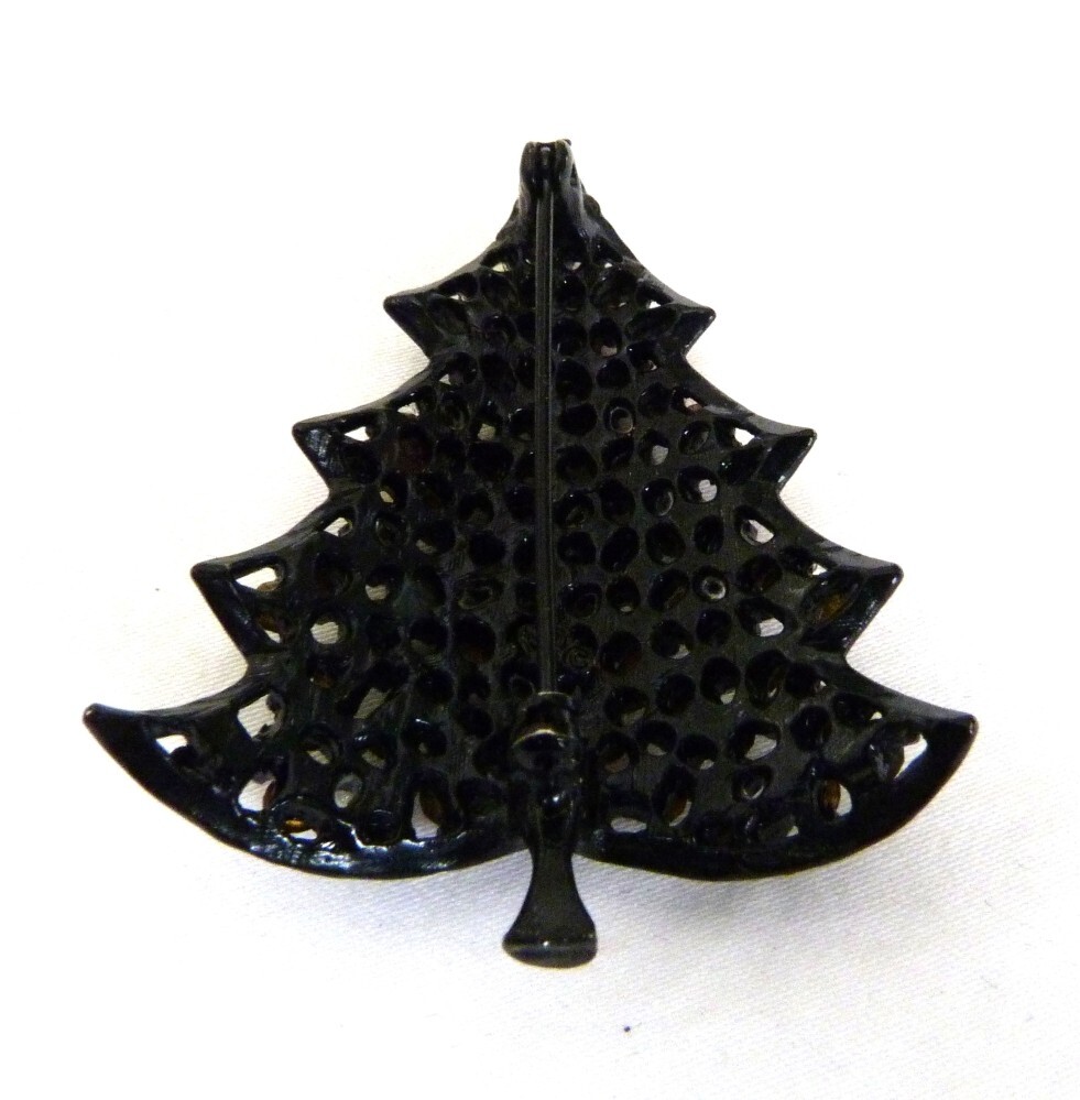 2 1/8″ VINTAGE MOD MID-CENTURY SIGNED MULTI RHINESTONE CHRISTMAS TREE PIN