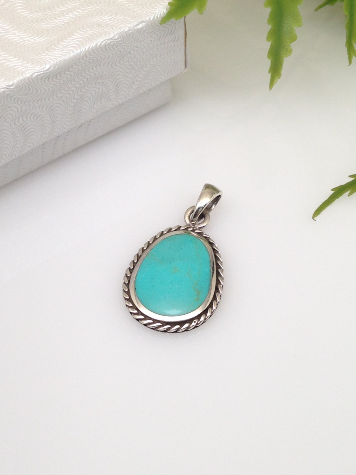 925 Sterling Silver Oblong Turquoise Twisted Rope Pendant Women 20mm(0.79″)/29mm