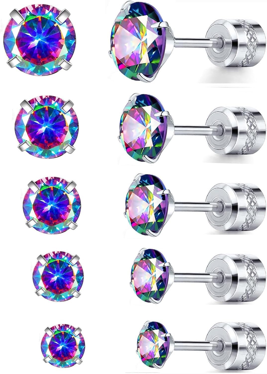 5 Pairs Titanium Screw Back Stud Earrings with Colorful Cubic Zirconia Inlay