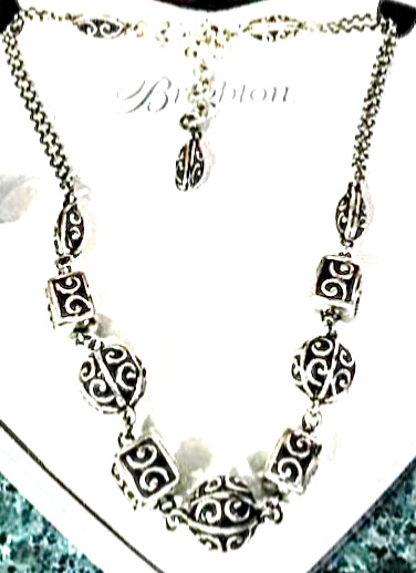 BRIGHTON CRYSTAL BALL ORNATE SILVER FILIGREE SPHERE+CUBE COLLAR NECKLACE VG+✨VTG
