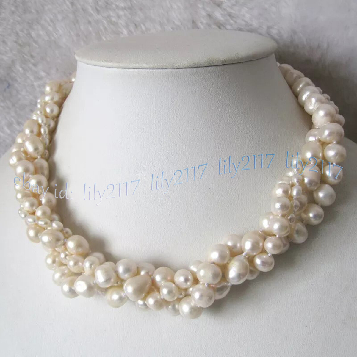 4 Rows 4-10mm Natural White Freshwater Pearl Rice Baroque Beads Necklace 18”