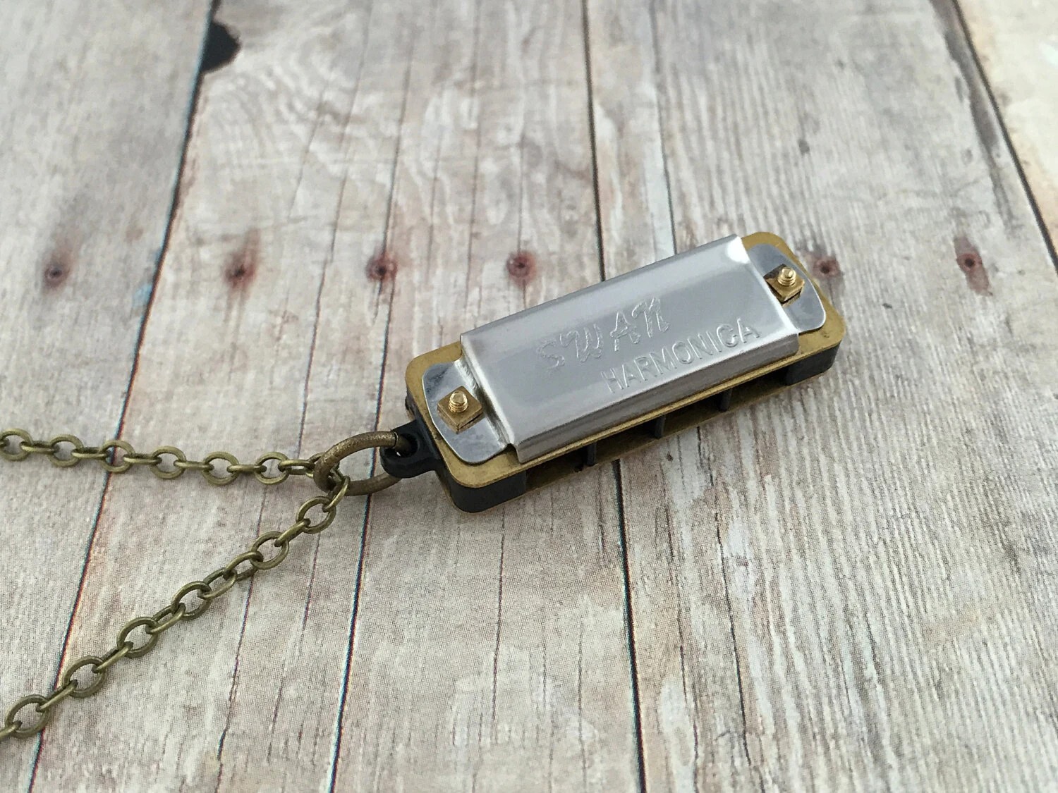 Miniature Vintage Style Harmonica Pendant on Necklace Chain WORKING Music Charm