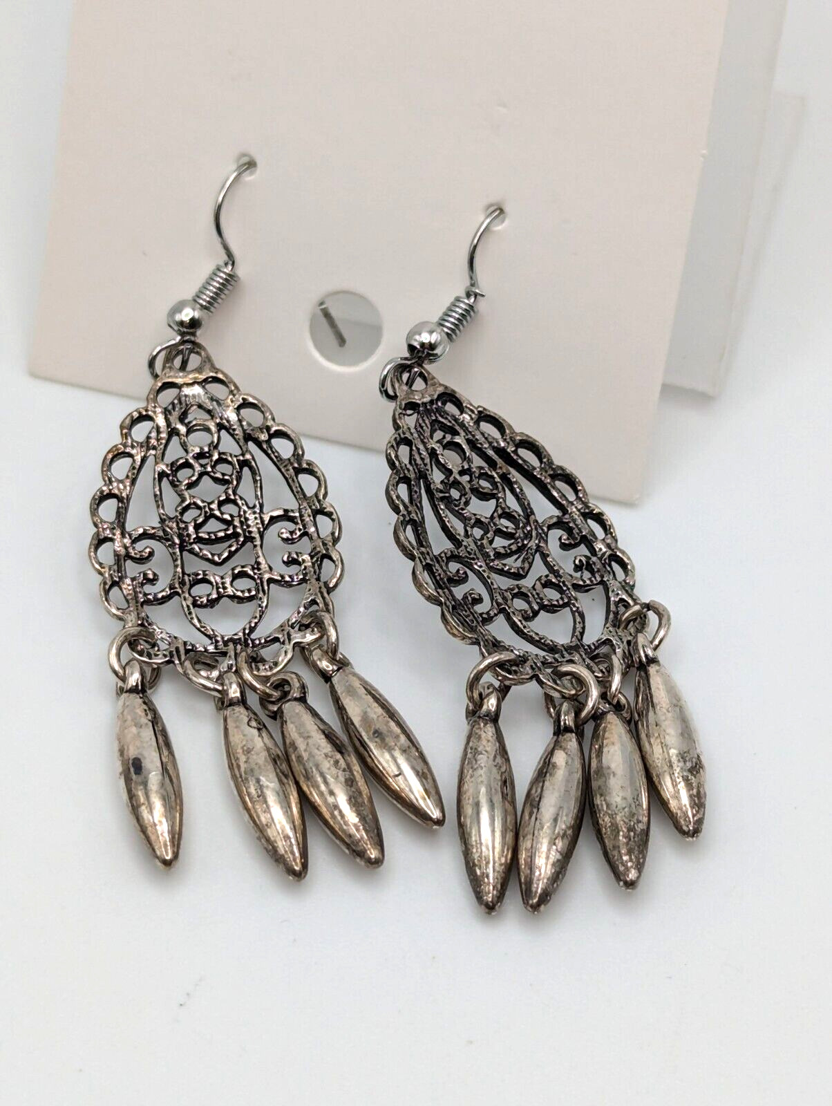 2 Pair Boho Filagree Styke Earrings Silver Tone Dangle Light Weight 2″ Long