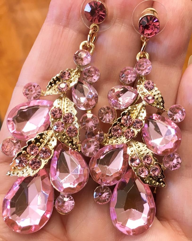 Waterfall Necklace Set Pink crystal Rhinestone Bib cluster Statement Earrings vt