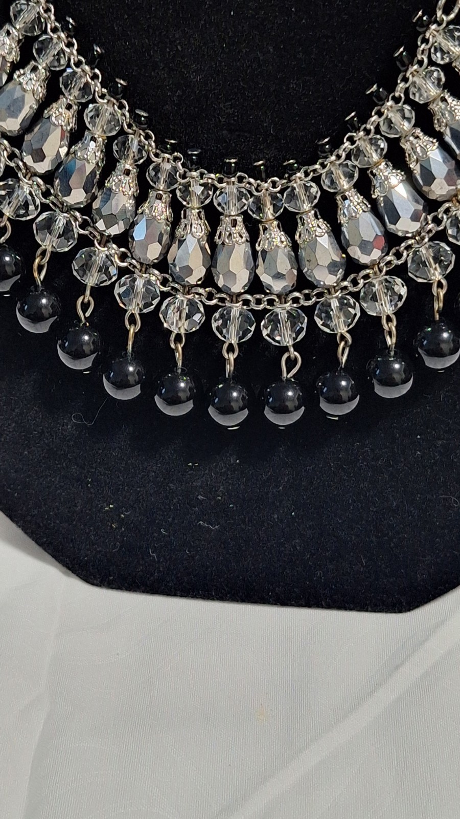 Silver Tone Bib Statement Necklace Clear Rhinestone Crystal & Black Bead Fringe