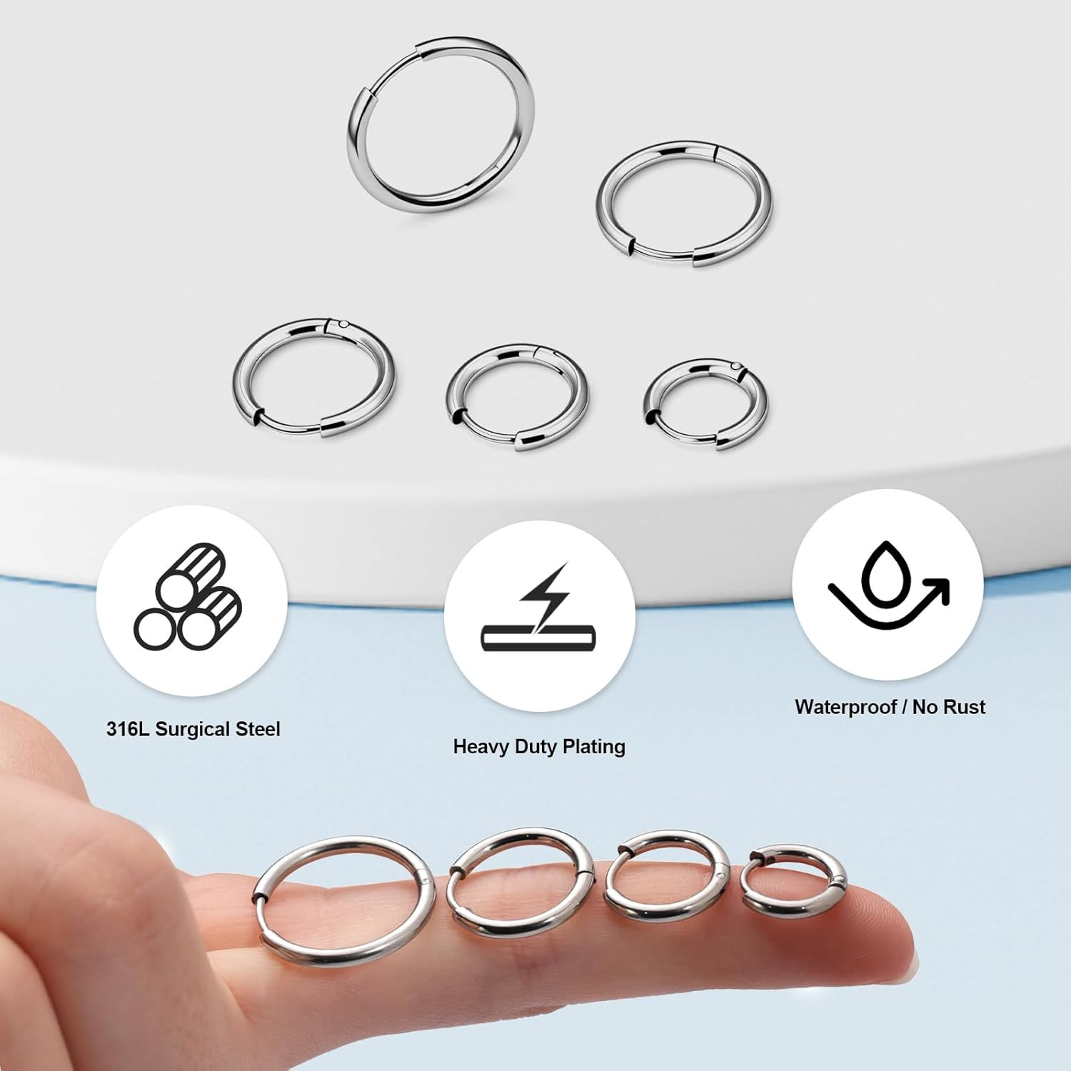 5 Pairs Hoop Earrings for Men Women, 316L Surgical Stainless Steel Small Huggie