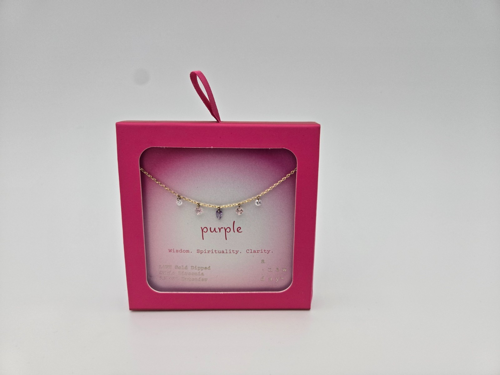 A New Day Gold Dipped Purple Stone Wisdom Clarity Dangle Necklace NIB LE