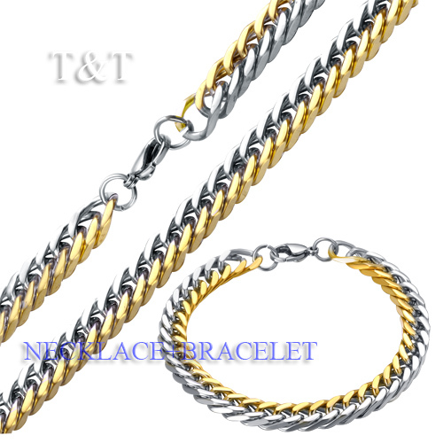 T&T 8mm 316L Stainless Steel Two Tone Curb Chain Necklace with Bracelet SET