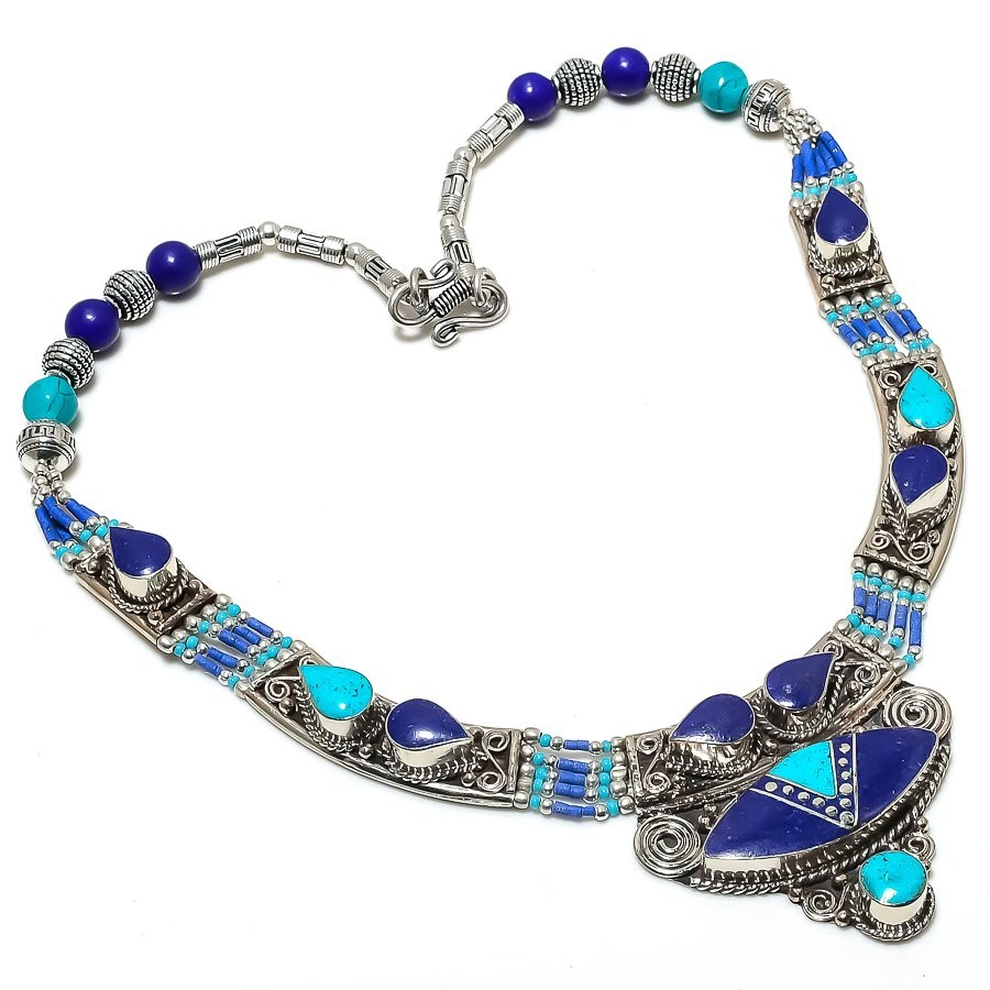 Turquoise Lapis Lazuli Gemstone Necklace Tibetan Latest Baho Jewelry 18″ NN 6709