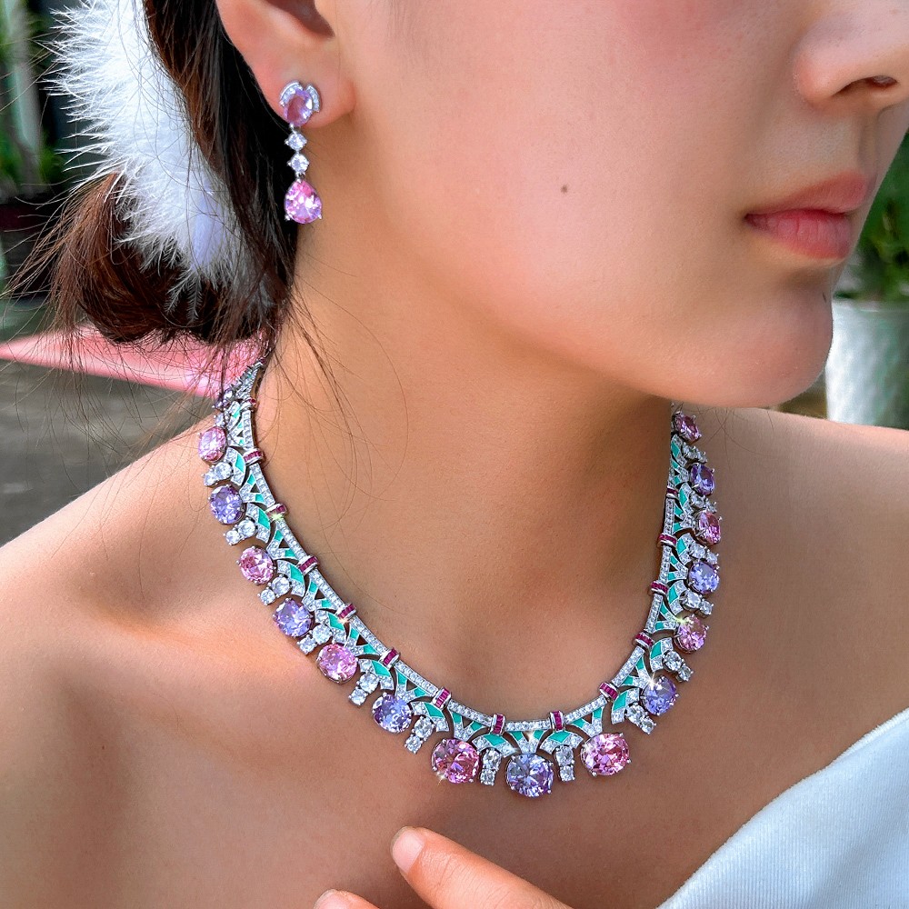Silver Plated CZ Purple Pink Oval Shaped Wedding Necklace Earrings Jewelry Set
