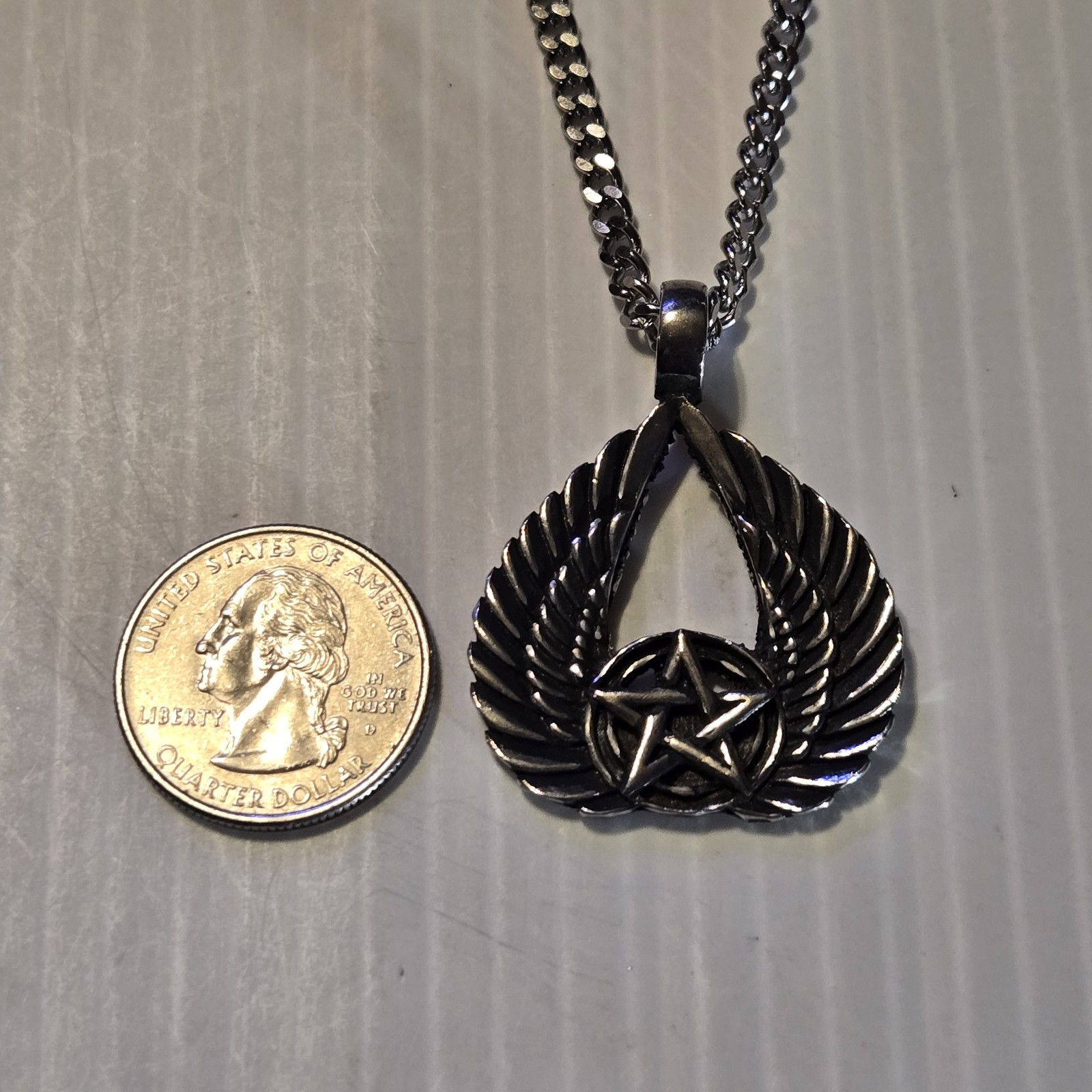 PENTAGRAM / WINGS Pewter Pendant Charm /18″-24″ STAINLESS CURB CHAIN NECKLACE