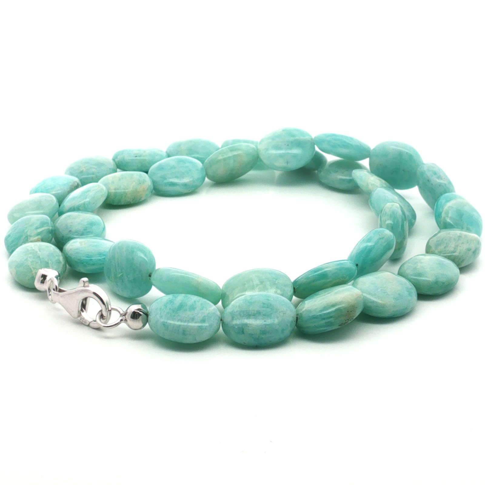 Natural Amazonite Tumble Beaded Necklace 45cm 925 Sterling Silver Rhodium