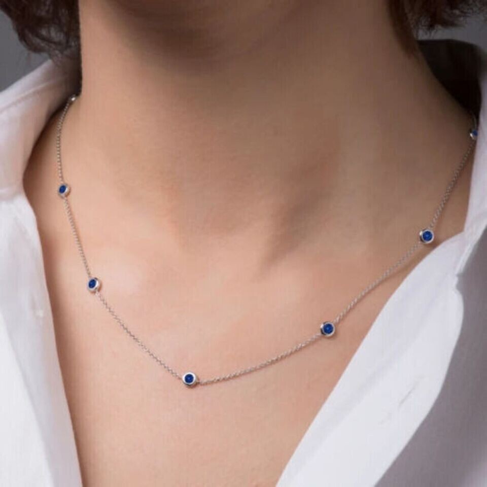 3Ct Round Cut Simulated Sapphire Station Necklace in 14K White Gold Plated 925