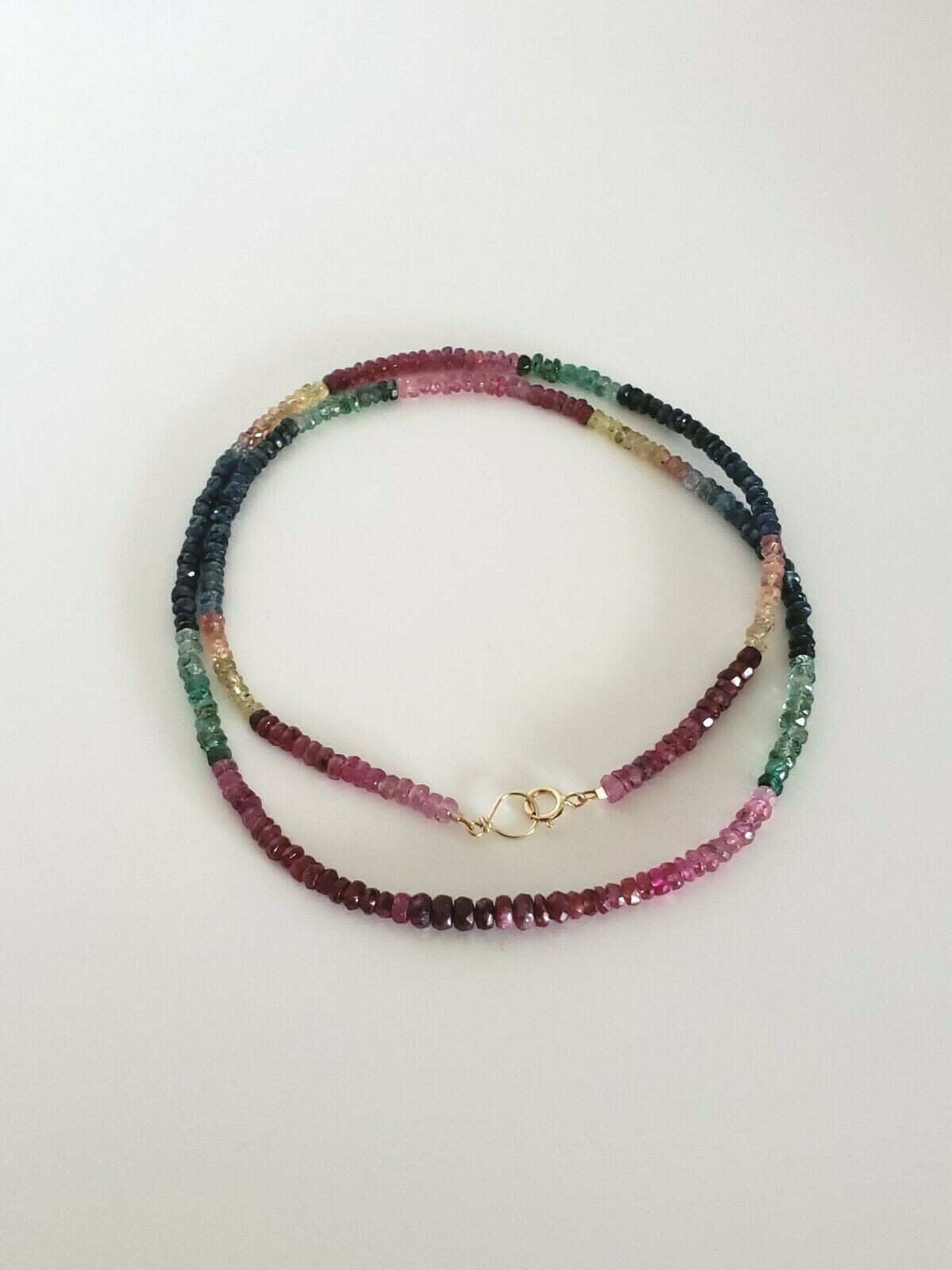14k Yellow Gold Multi-Color Sapphire, Ruby, Emerald Beaded Necklace 18″