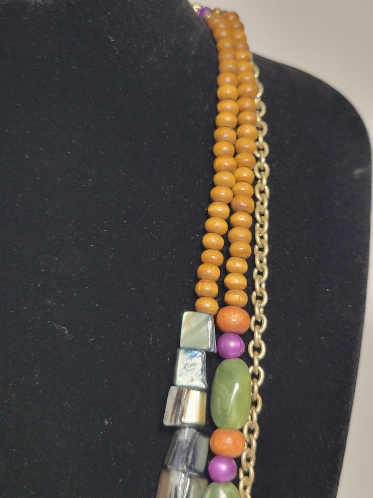 Multi Strand Beaded Boho Necklace Shell Wood Green Purple Iridescent Layered 21″