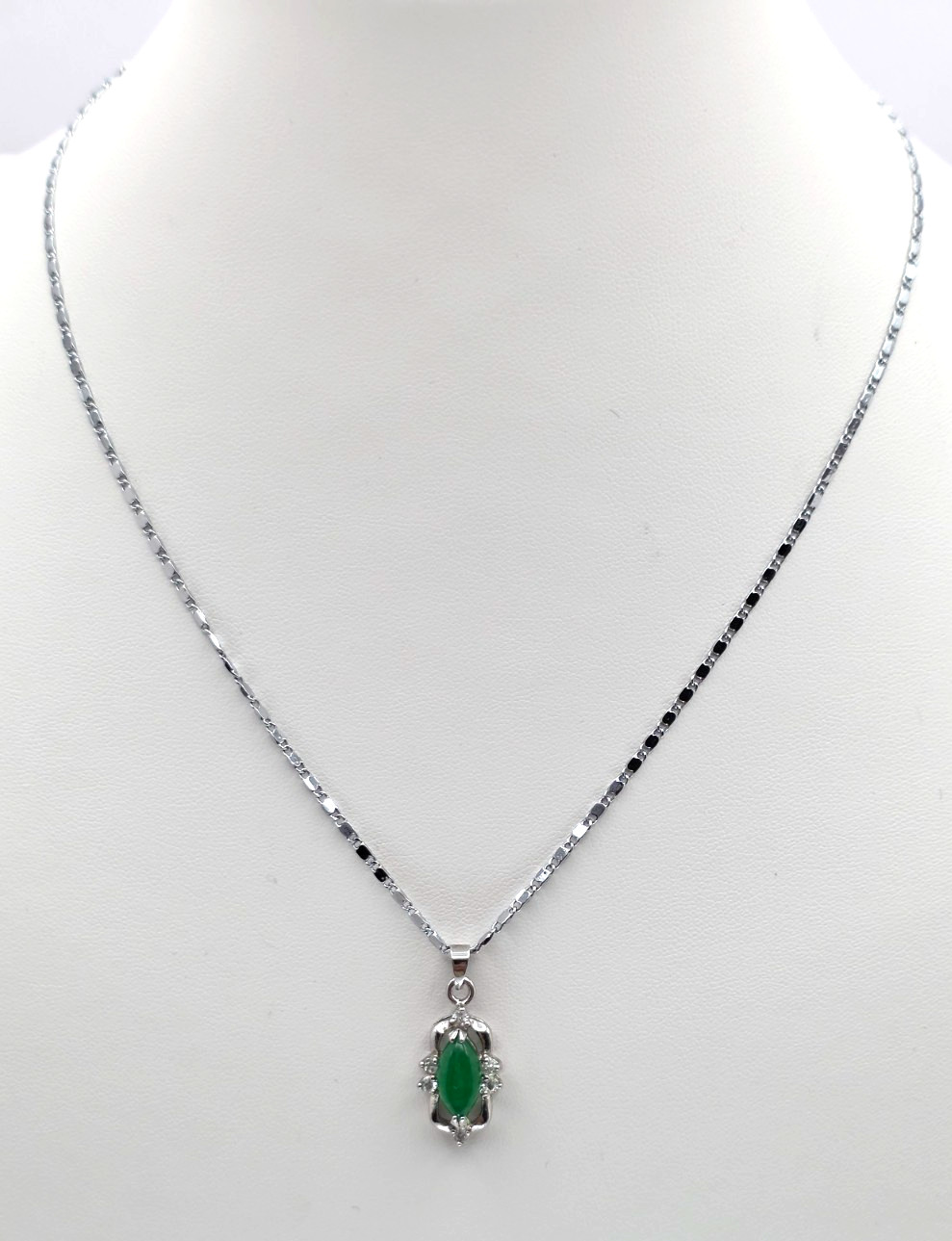 Green Chalcedony Marquise Pendant Necklace CZ Accent 18KGP Silver Tone