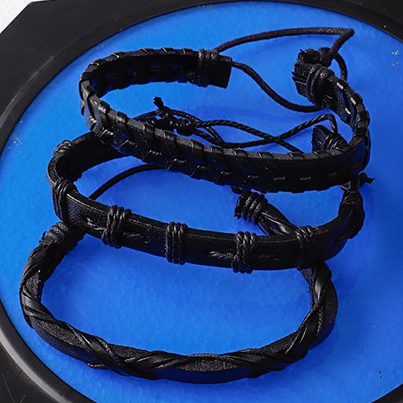 Black Gothic Punk Braided Leather Bracelet Set 6 Pcs Skull Adjustable Stackable