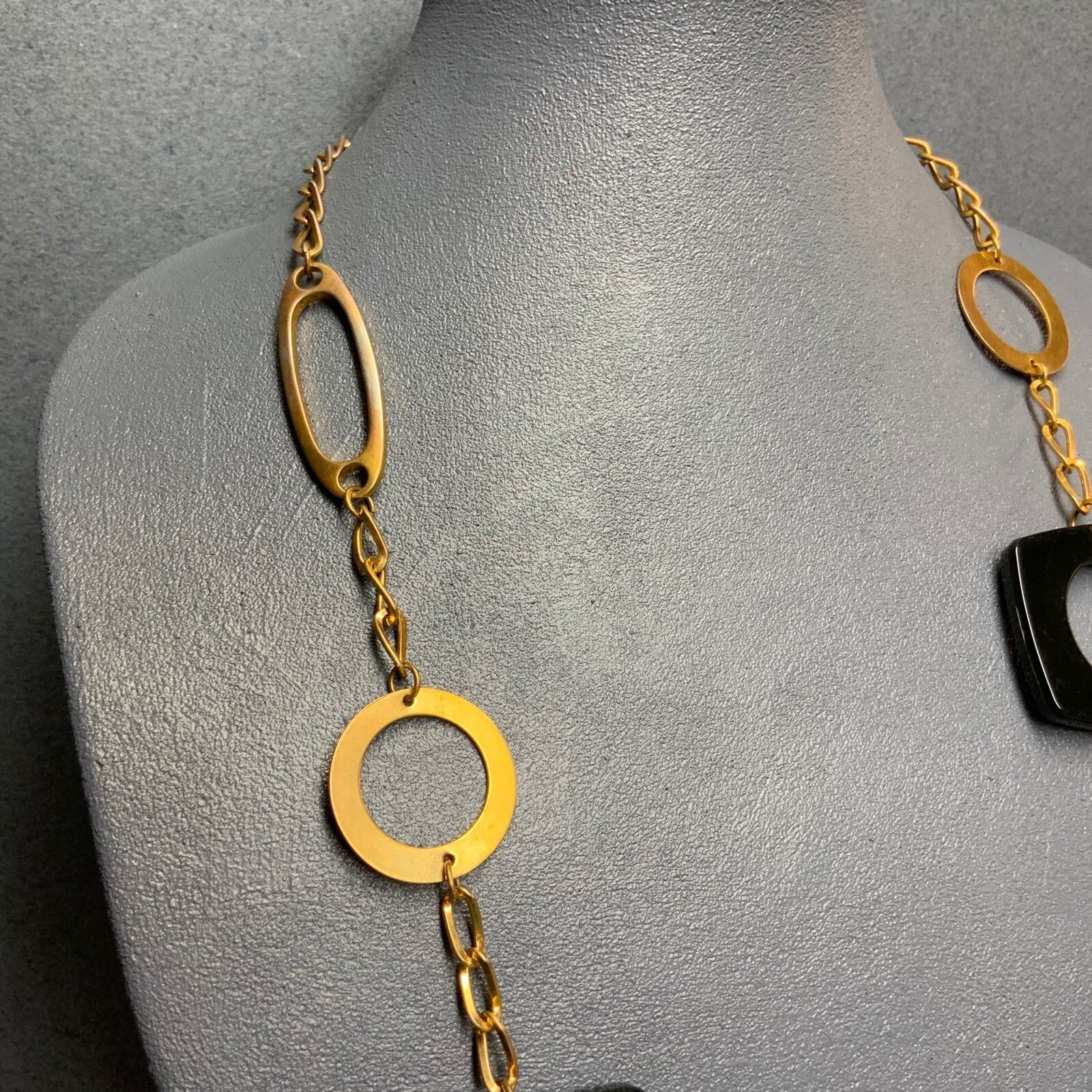 Long Geometric Necklace 35 In Gold Chain Black Acrylic Circle Square Shapes Glam