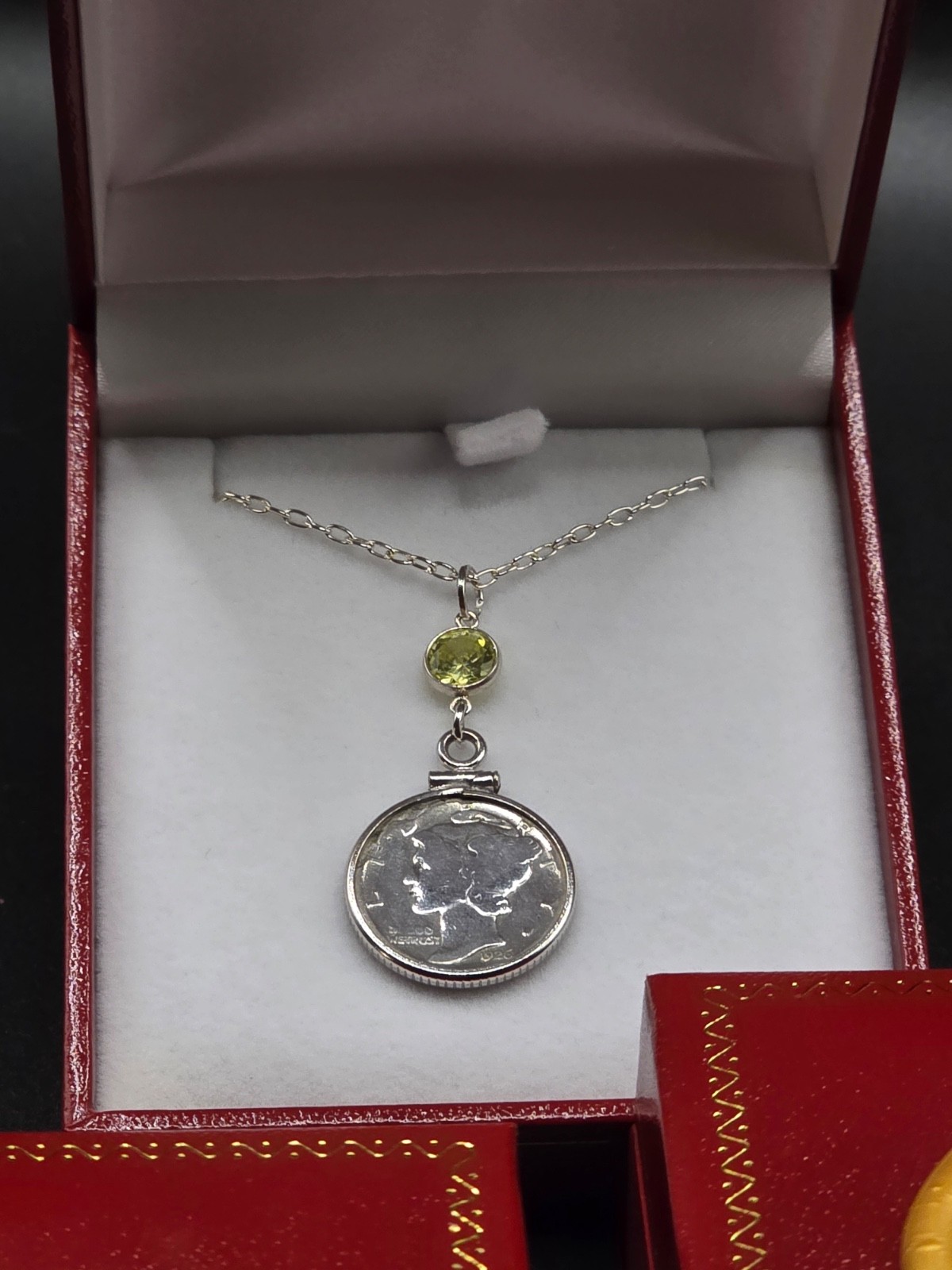 Vintage Mercury Dime Necklace in Sterling Silver 925 / Coin and CITRINE CZ stone