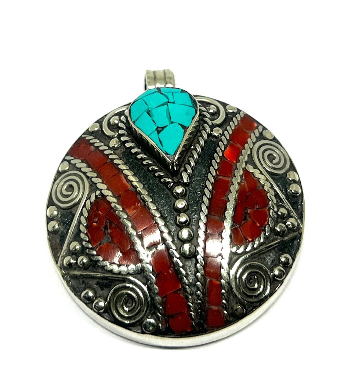 Tibetan Red Coral Turquoise Gemstone Buddhist Prayer Pendant Jewelry, 2.0 inch