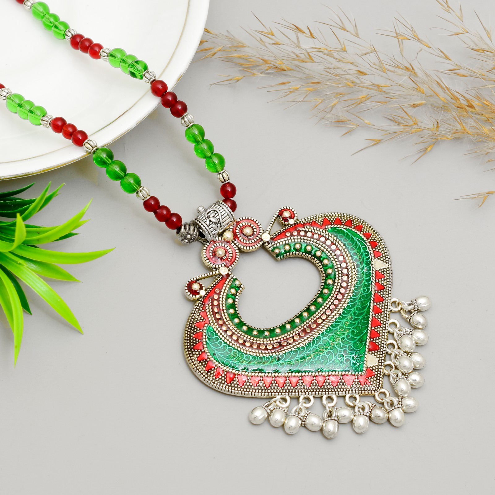 Boho Tribal Oxidized Silver-Tone heart Statement Necklace | Red & Green Beaded