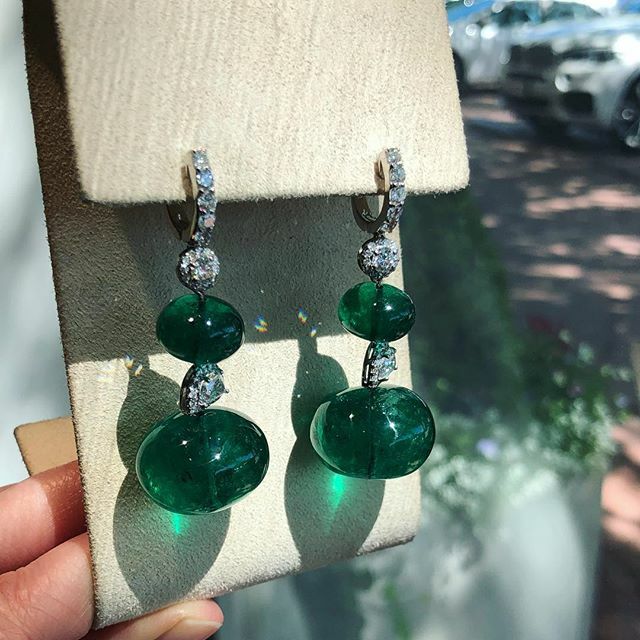 Deep Vivid Green Large Fancy Emerald With Clear White CZ Dangle Fashion Earring
