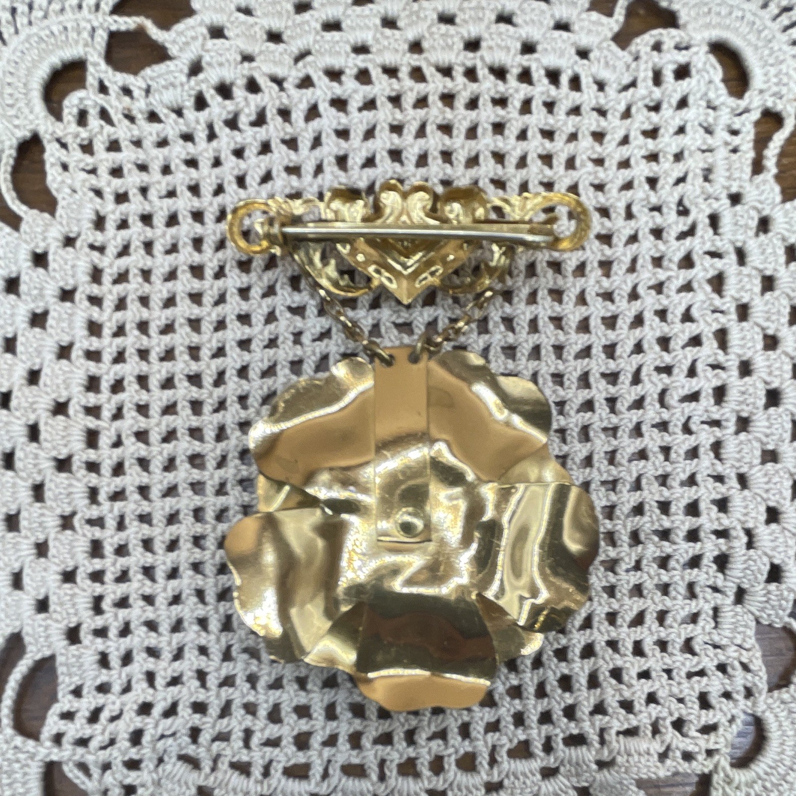 Gold Tone Blue Enamel Flower Dangle Brooch Pin w/ Chain, Possible 1928 Brand
