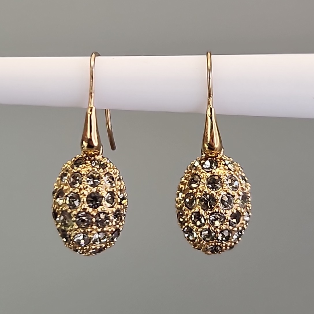Rhinestone Egg Pierced Earrings Clear Pave Dangle Gold Tone 1″