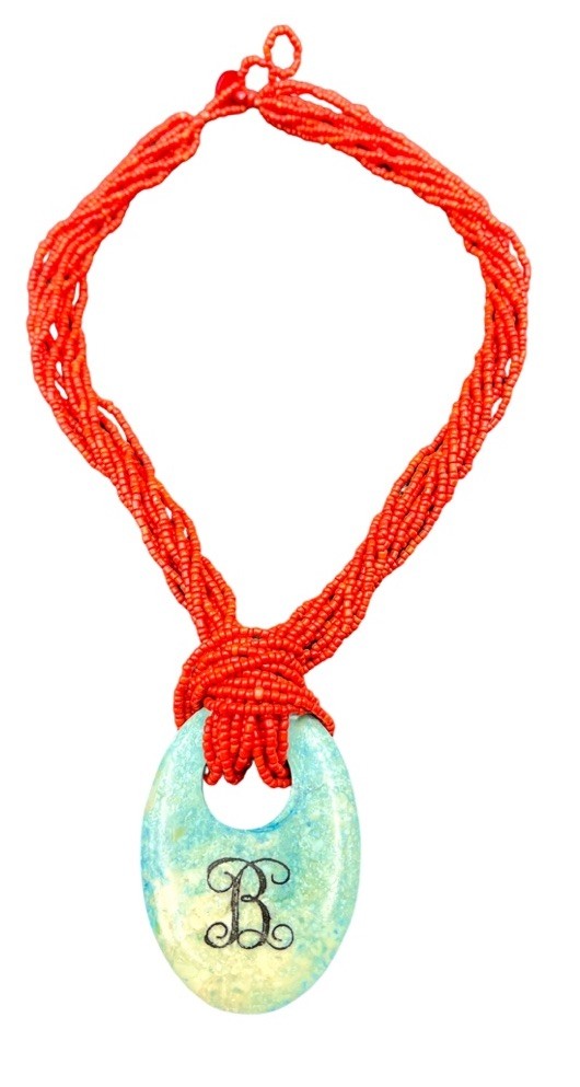 Red Multi-Strand Seed Bead Necklace with Blue Green Monogram “B” Stone Pendant