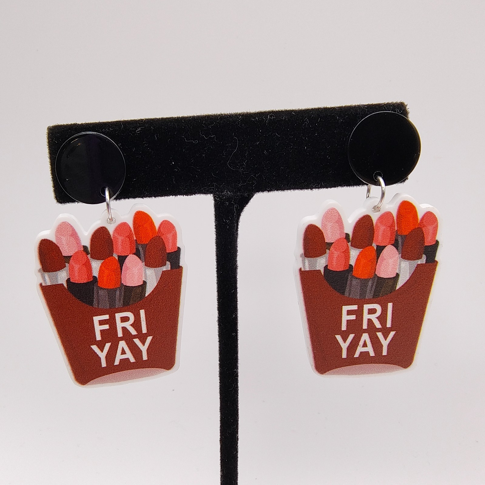 Fri-Yay Dangle Earrings Lipstick Crayon Box Fun Pop Art Statement Pierced Stud