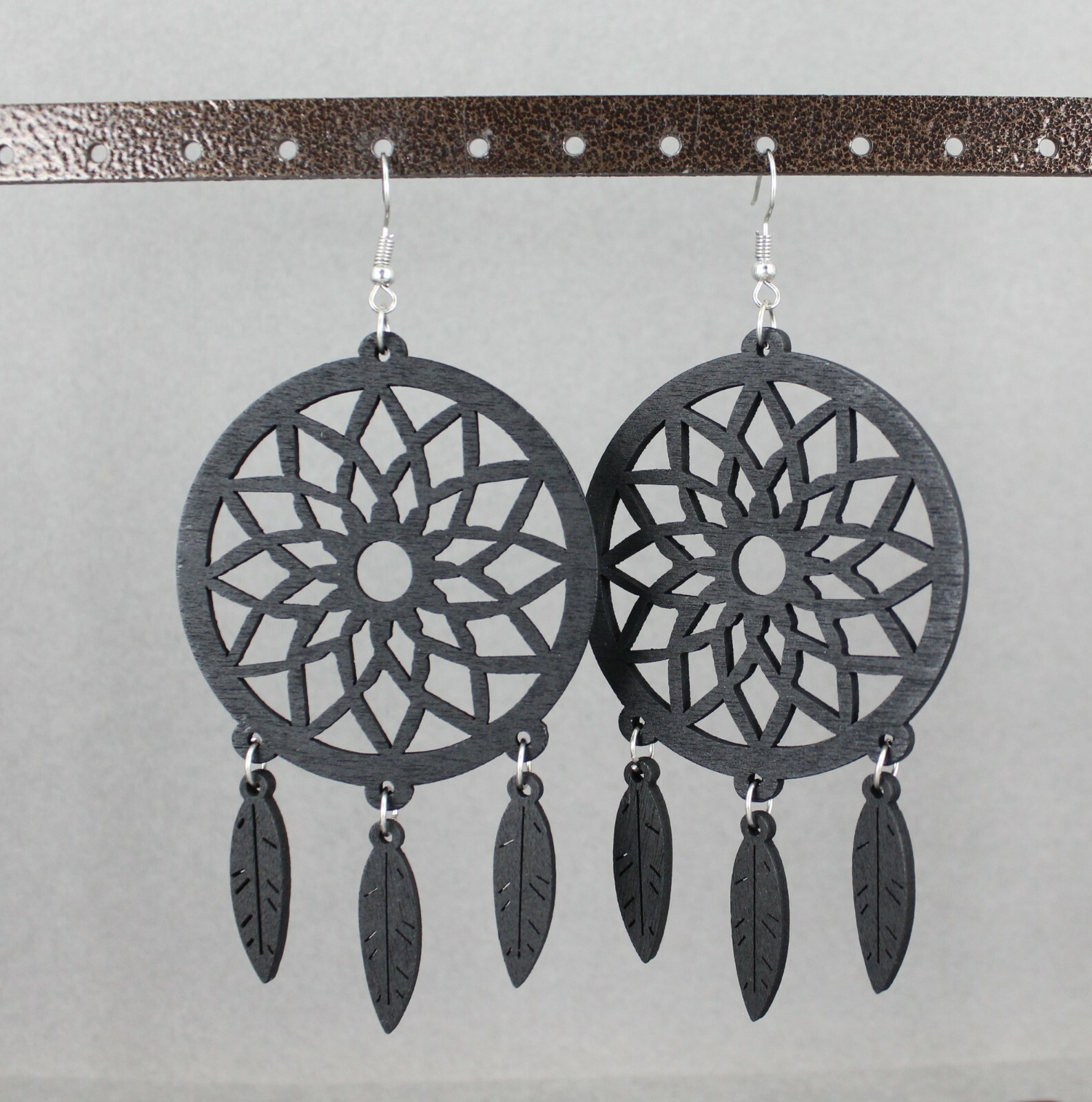 Black wood dream catcher feather earrings big lightweight leaf 4.25″ long